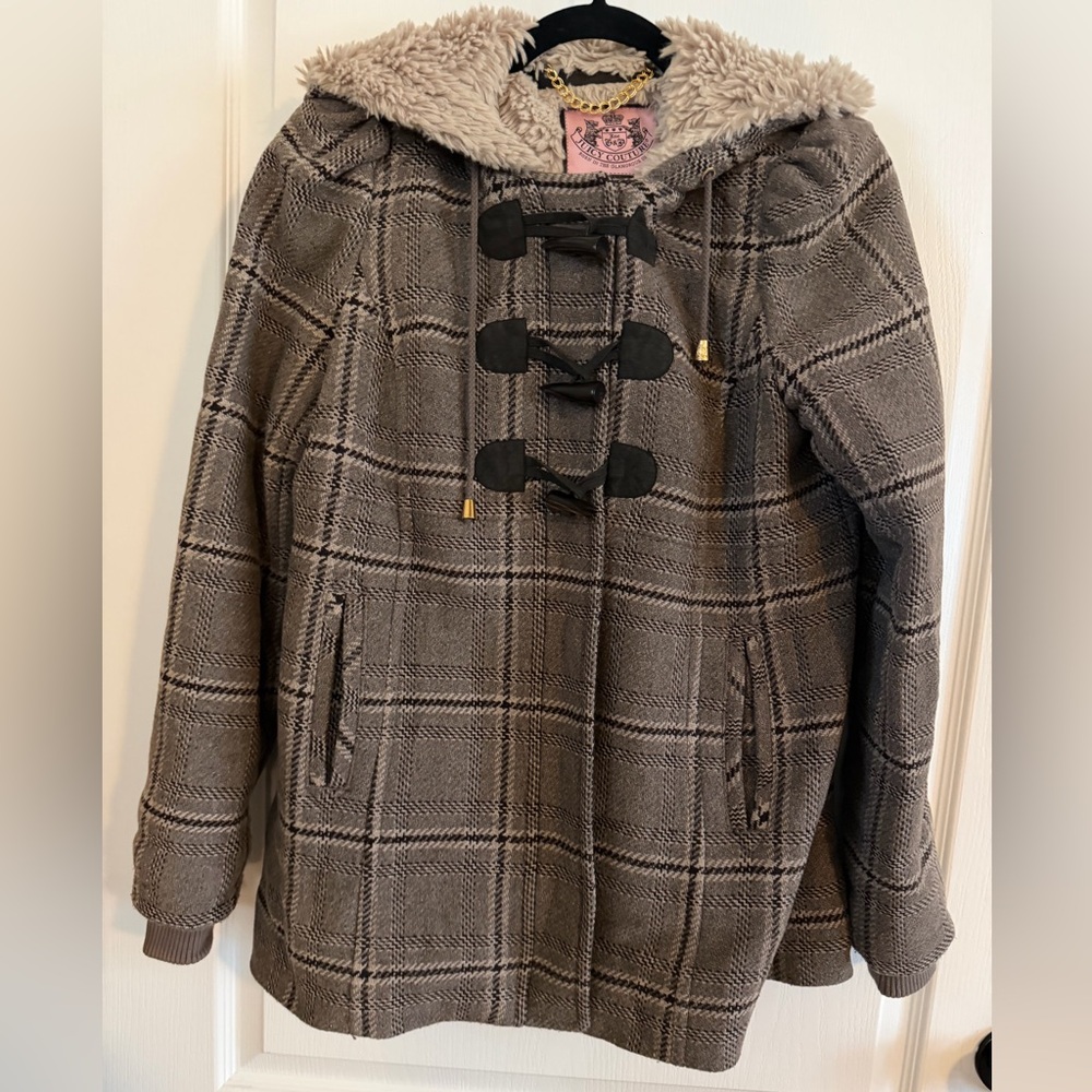 Vintage Juicy Couture Plaid Faux Fur Lined Coat w/Zipper/Snaps/Toggle Hood Sz M